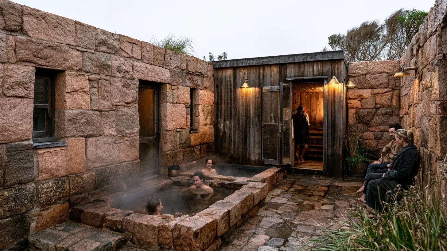 Fictional GIRL Granite Bath House with guests using a heated stone pool beside a timber sauna.