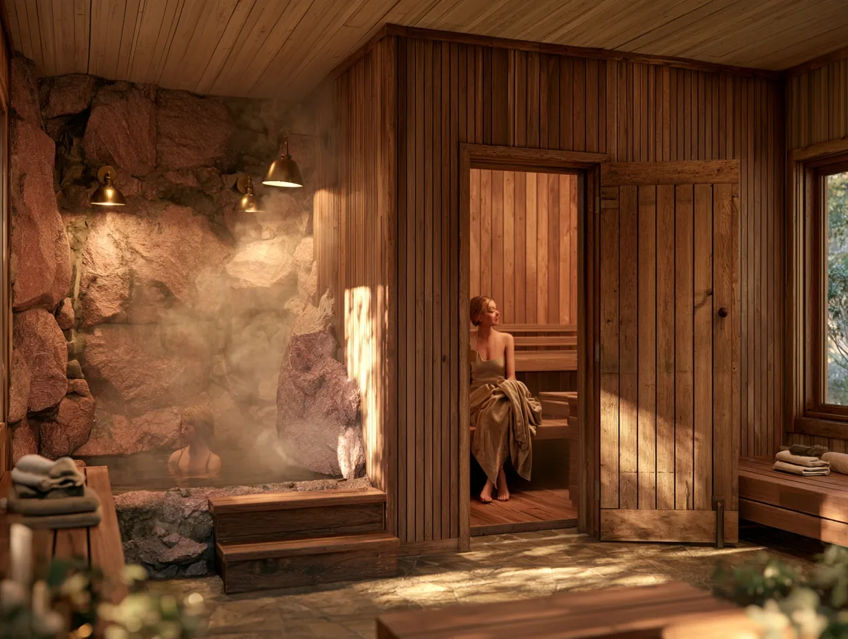 Fictional GIRL Granite Bath House interior with timber sauna and steaming stone plunge.