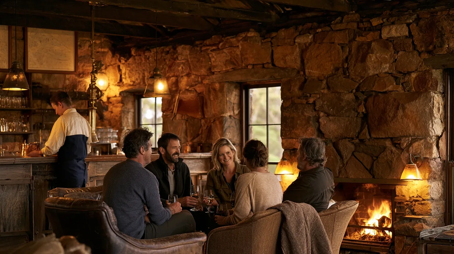 Artist's impression of the fictional Keeper's Bar: granite, timber, a fireplace and guests with drinks.