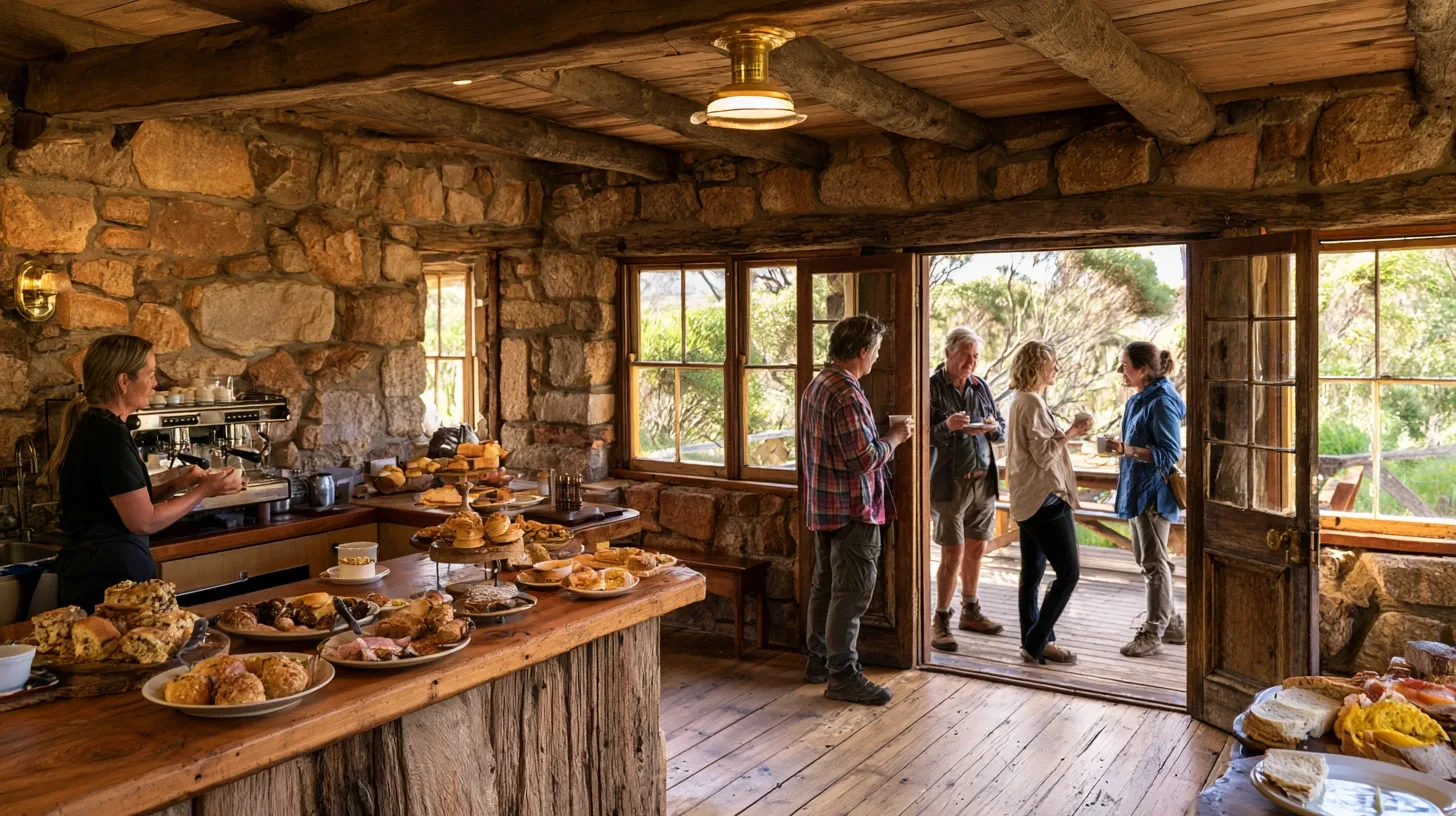 Artist's impression of the fictional Keeper's Cafe: a timber counter with pastries and guests by the door.