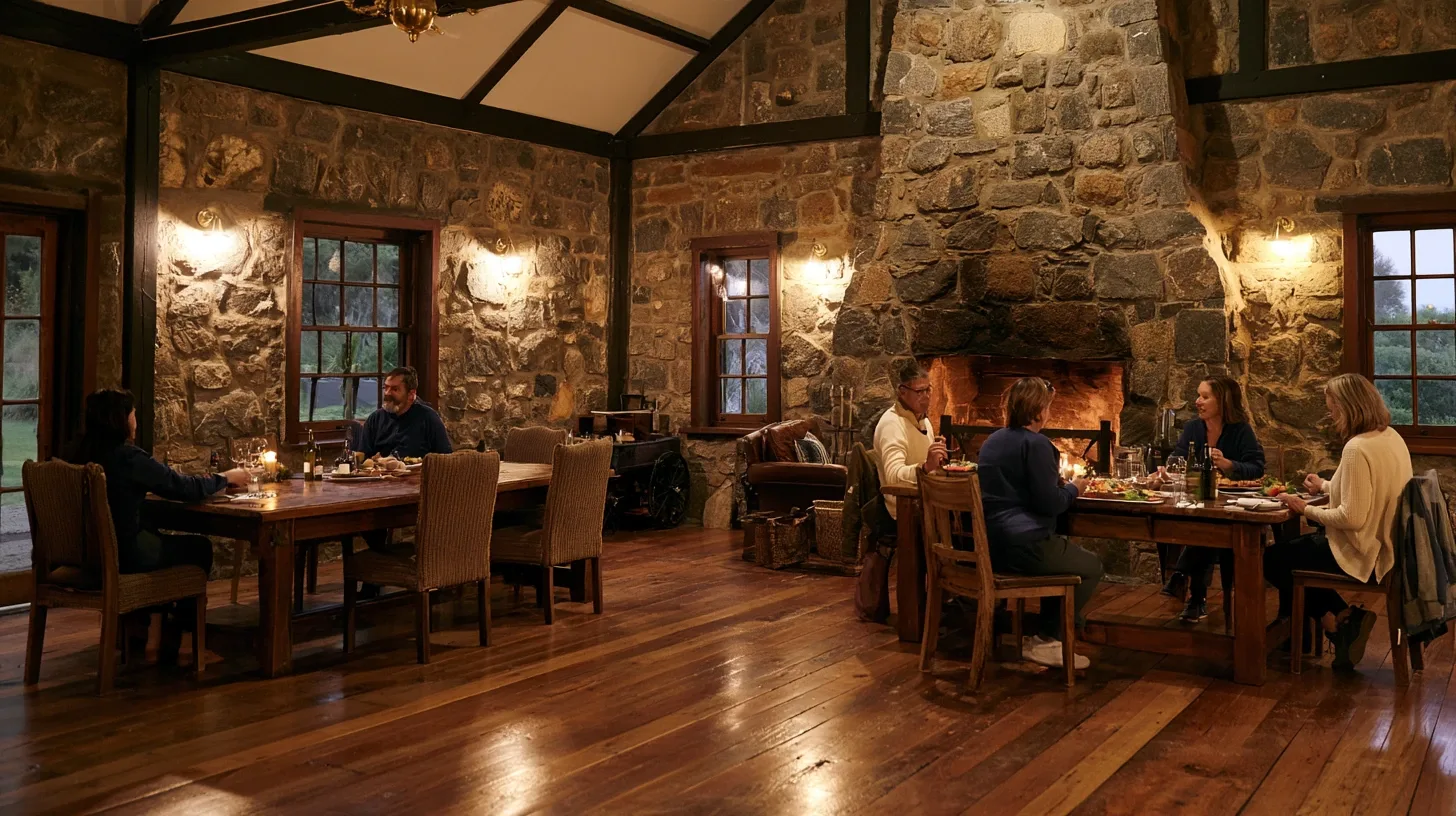 Artist's impression of the fictional Lantern Room restaurant: granite walls, a fireplace and guests dining.