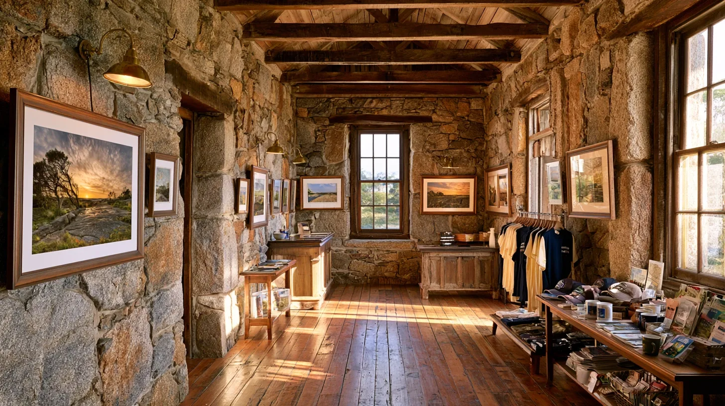 Artist’s impression of the fictional GIRL Island Shop & Gallery: framed prints on granite walls and a rack of clothing.